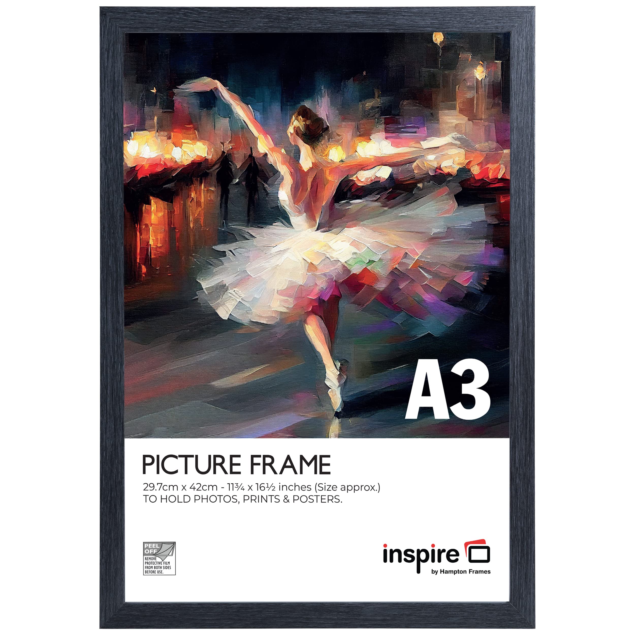 Inspire By Hampton Frames | Poster Certificate Frame | A3 (30x42cm), Dark Grey, Rectangular, MDF, Acrylic (Non-Glass) | Wall Mount, Landscape or Portrait | Modern Display for Photos, Art, Certificates