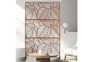 SYBRIOKA Metal Privacy Screen 76‘’H x 48''W Freestanding Decorative Partition Panel with Leaf Pattern, Indoor Outdoor Privacy Screen for Balcony Living Room Patio Office (Brown)
