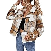 UANEO Womens Cropped Plaid Shacket Button Down Short Flannel Shirt Jacket with Pockets