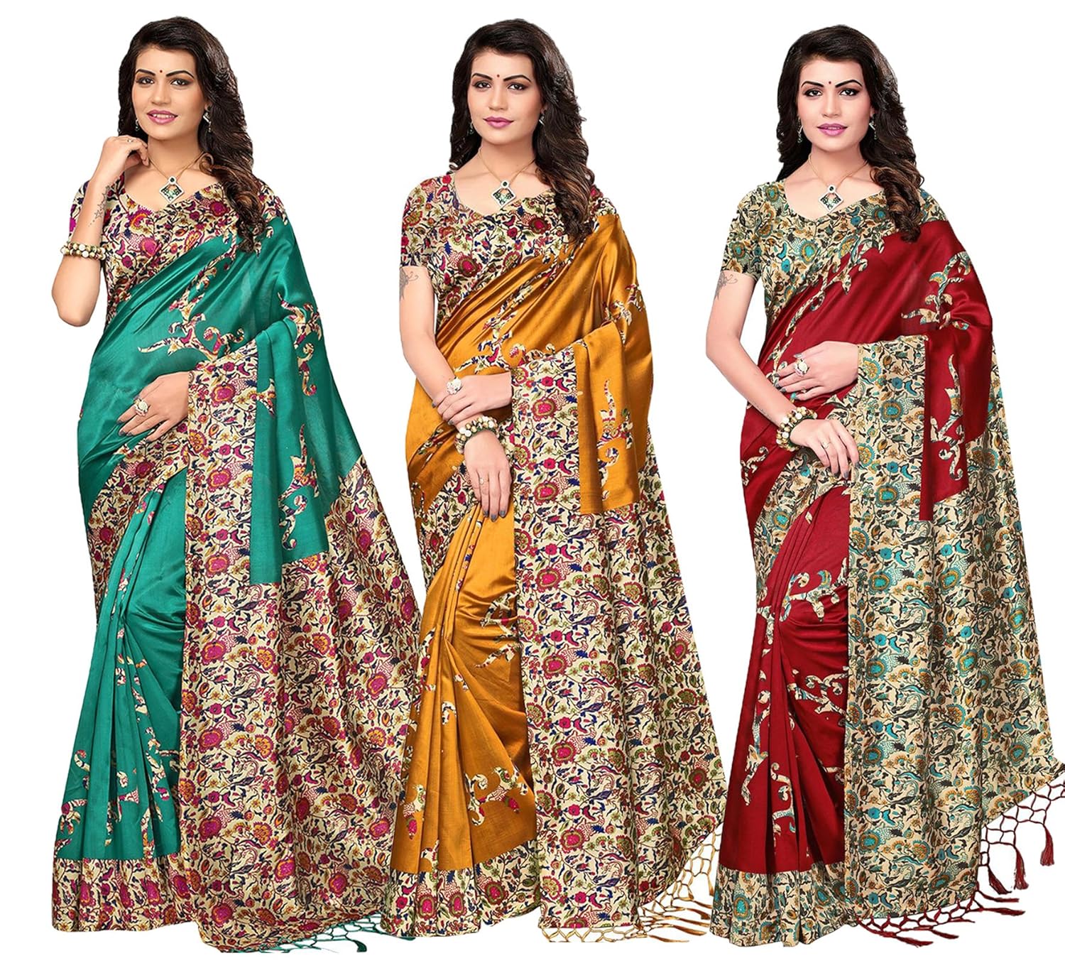 ishin combo of 3 poly silk saree with blouse piece (multicolor_free size)