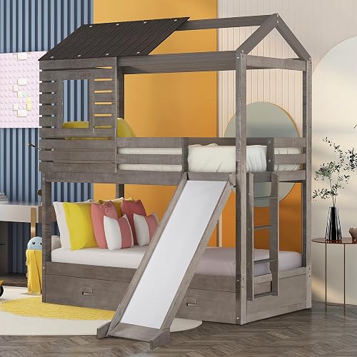 MERITLINE House Bunk Bed with Slide and Drawers, House-Shaped Wood Twin ...