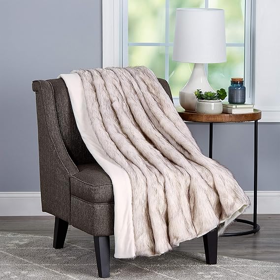 Lavish Home Collection Throw-Luxurious, Soft, Hypoallergenic Premium Fashion Wolf Fur Blanket with Faux Mink Back and Gift Bo