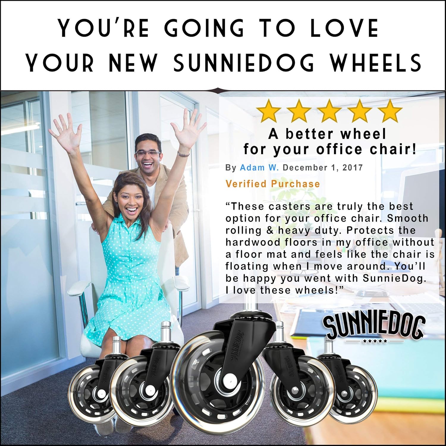 SunnieDog Ergonomic Office Chair Wheels Roll Just As Smooth On Day 1000 As They Did On Day 1 - Heavy Duty Protection for Hardwood & Tile Floors Without Mat - Roller Blade Style w/Universal Fit- Black: Kitchen & Dining