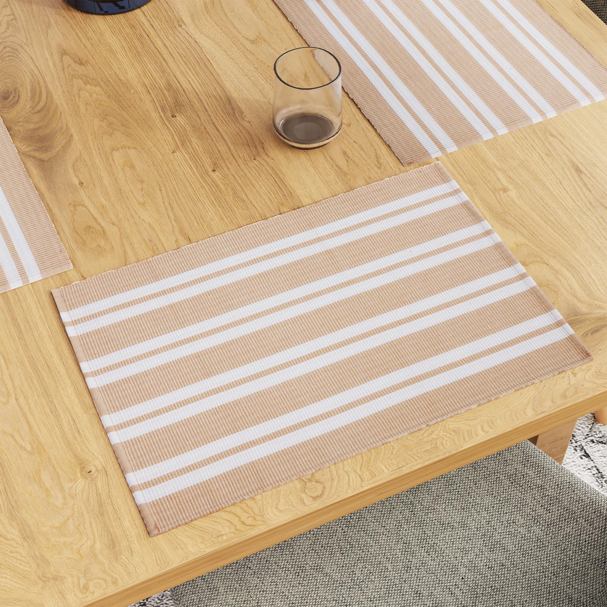 Encasa XO Dining Placemat Set of 6 | Solid Franca Beige Stripes Color | Fine Ribbed Cotton Table mat | Size 19x13 in | Machine Washable — image 1