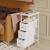 Fixwal Small Nightstand Narrow White Dresser with Charging Station, Skinny Nightstand with 3 Fabric Drawers, Dorm Silm Bedside Table for Small Spaces Bathroom, Bedroom, Laundry