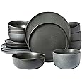 Gibson Elite James Street Stoneware Matte Reactive Double Bowl Dinnerware Set - Truffle Grey, Service for 4 (16pcs)