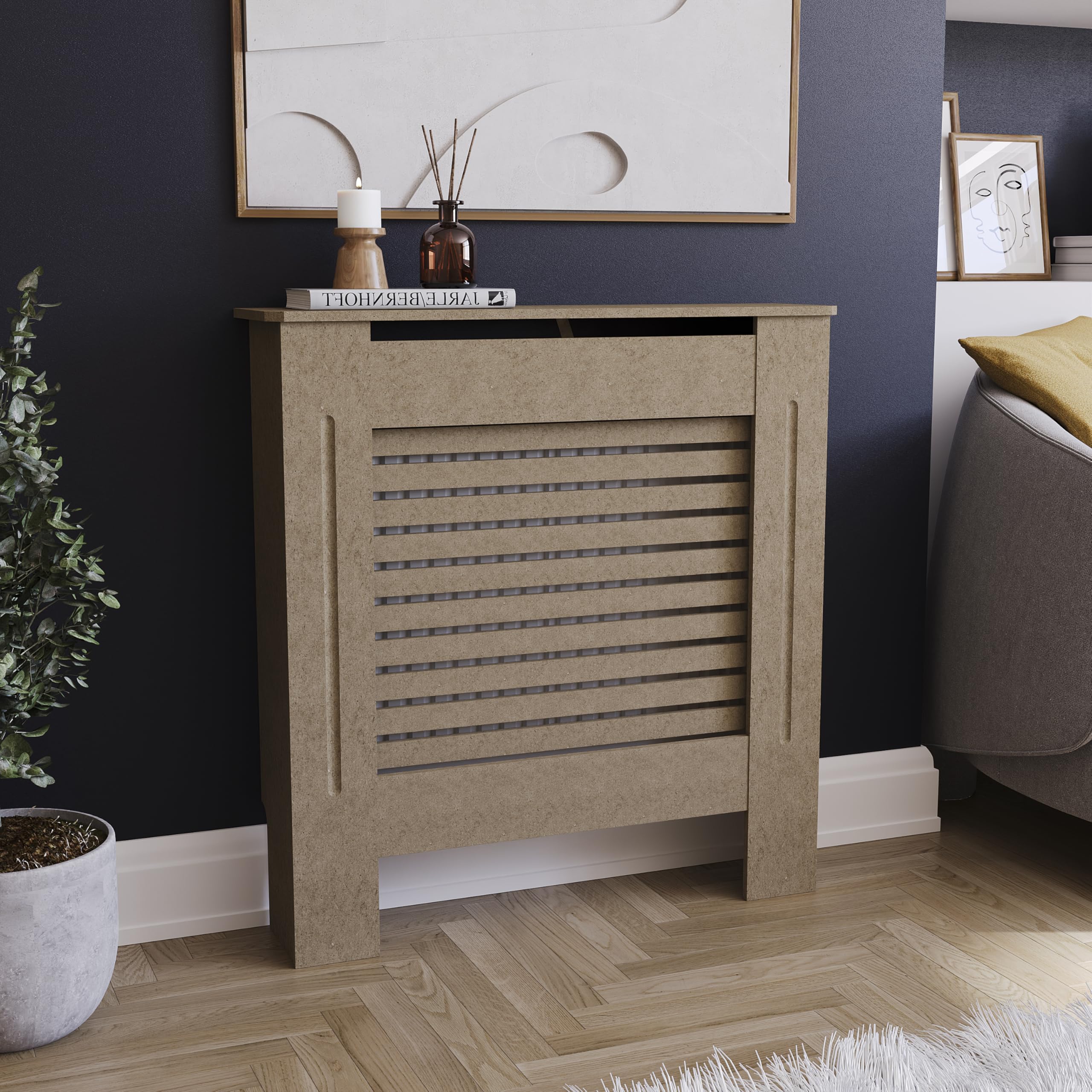 Vida Designs Milton Radiator Cover Unfinished - Small - Modern Horizontal Slat Design For Optimal Heat Circulation - H82xW78xD19cm - Unpainted MDF Cabinet Ideal For Living Room & Hallway