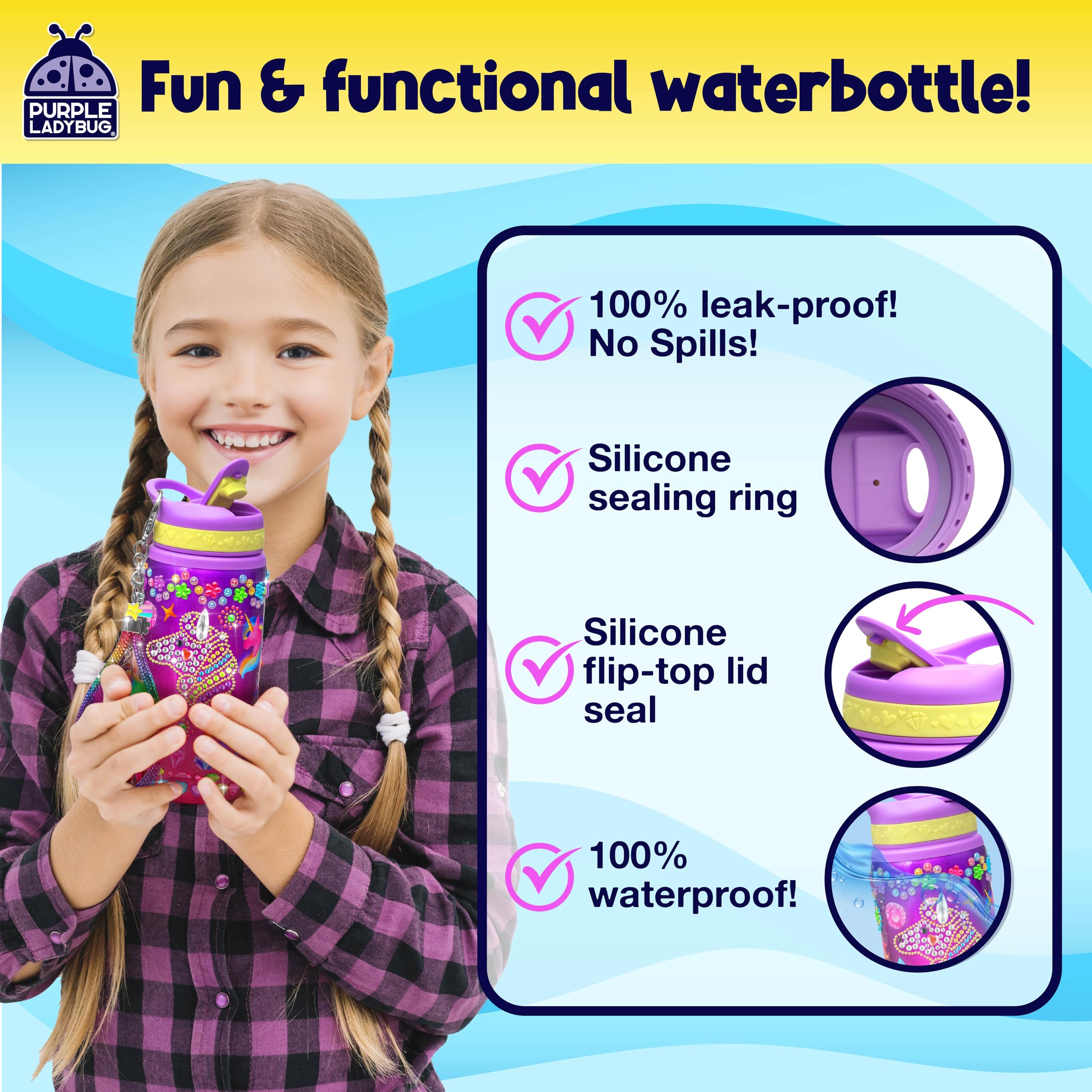 PURPLE LADYBUG Decorate Your Own Water Bottle Kit for Girls - Unicorn Design with Glitter Gem Stickers, Gifts for Girls Ages 5-8-10 Years Old Birthday, Fun Craft for Kids, Water Bottle for School