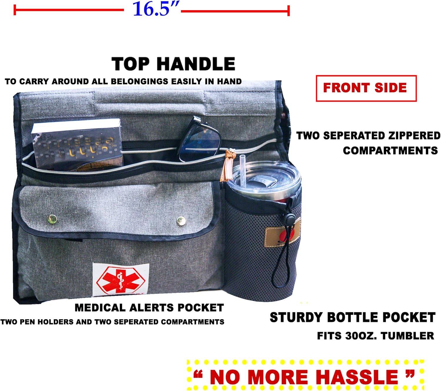 Wheelchair Side Pouch Bag(Double-Side) with Cup and Phone Holder for Manual, Electric or Power Mobility Scooter Full ARMREST by P&F for Lightweight Transport - Deluxe Wheelchair Accessories (Gray): Health & Personal Care