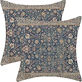 ZHOUYETAK Blue Brown Carpet Pillow Covers 18x18 Inch Set of 2, Boho Rug Print Outdoor Decorative Vintage Rustic Throw Pillow Linen Blue Carpet Couch Cushion Case for Chair Sofa Bedroom Living Room