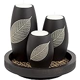 IYARA CRAFT Candle Holder Set with Tray – 3 Handmade Wood Tealight Holders, Black Leaf Design, Winter Home Décor, Spa-Inspired Holiday Centerpiece & Elegant for Women, Mom, Housewarming