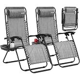 SereneLife Zero Gravity Chairs Set of 2 - Adjustable Steel Mesh Lawn Chairs - Outdoor Lounge Chairs with Detachable Cup Holder Tray - Foldable Outdoor Chair with Removable Pillows - Grey