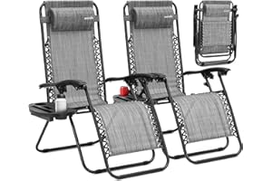 SereneLife Zero Gravity Reclining Chairs Set of 2 – Adjustable Folding Patio & Beach Lounge Chairs with Cup Holder Tray, Remo