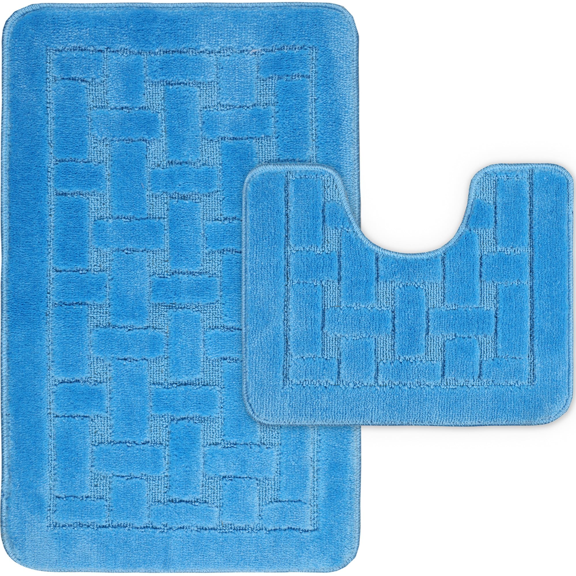 LS DECOR Luxury 2 Piece Block Bath Mat Set Non Slip Ultra Soft Bathroom Mats Water Absorbent Bath Mats Machine Washable Rug Toilet Mat for Bathroom Floor (AQUA)
