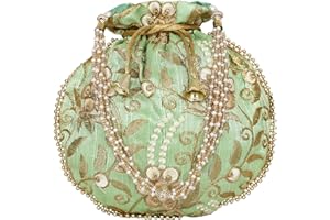 EKAVYA Potli Bag for Women Ethnic Gold, Pearl Handle Floral Accents, Drawstring Closure Pearls Handle Batwa Clutch Purse