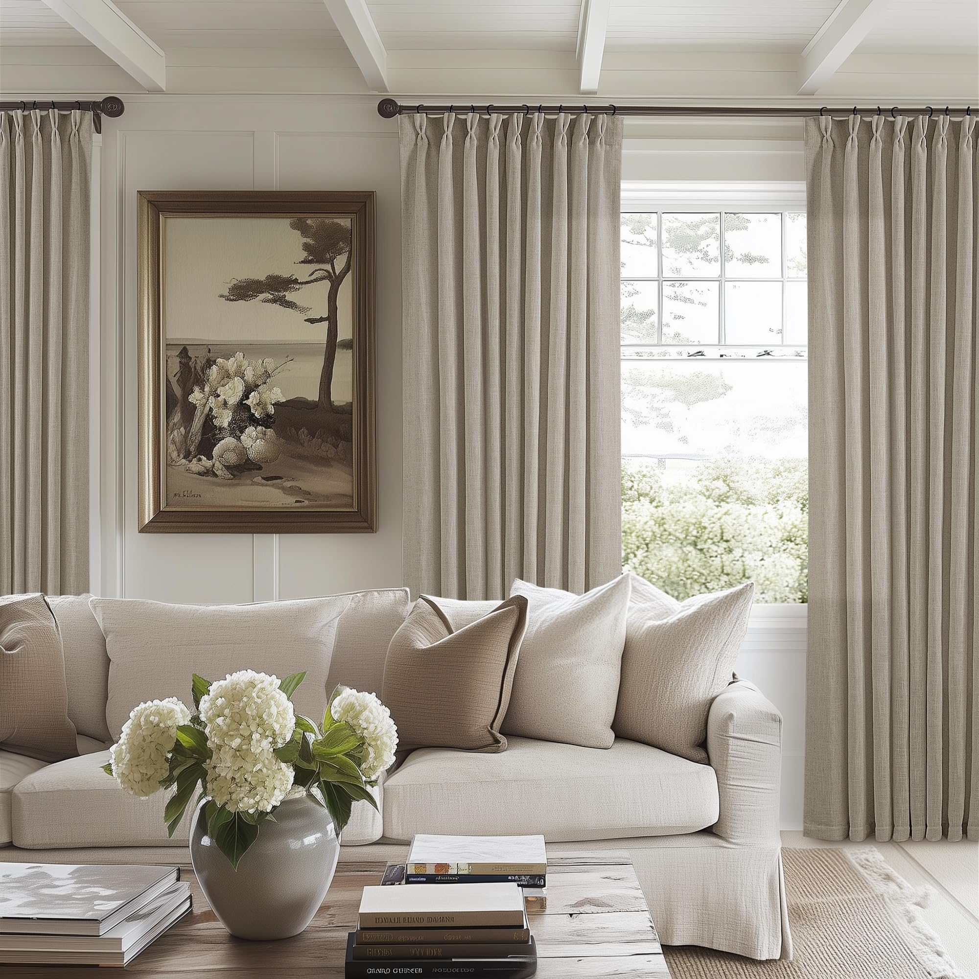 Photo 1 of Pinch Pleated Linen 102 Inch Curtains 60 Inch Width for Living Room Divider Light Filtering Semi Sheer Burlywood Taupe Extra Wide Patio Curtains for Sliding Door Floor Ceiling Picture Window 60x102