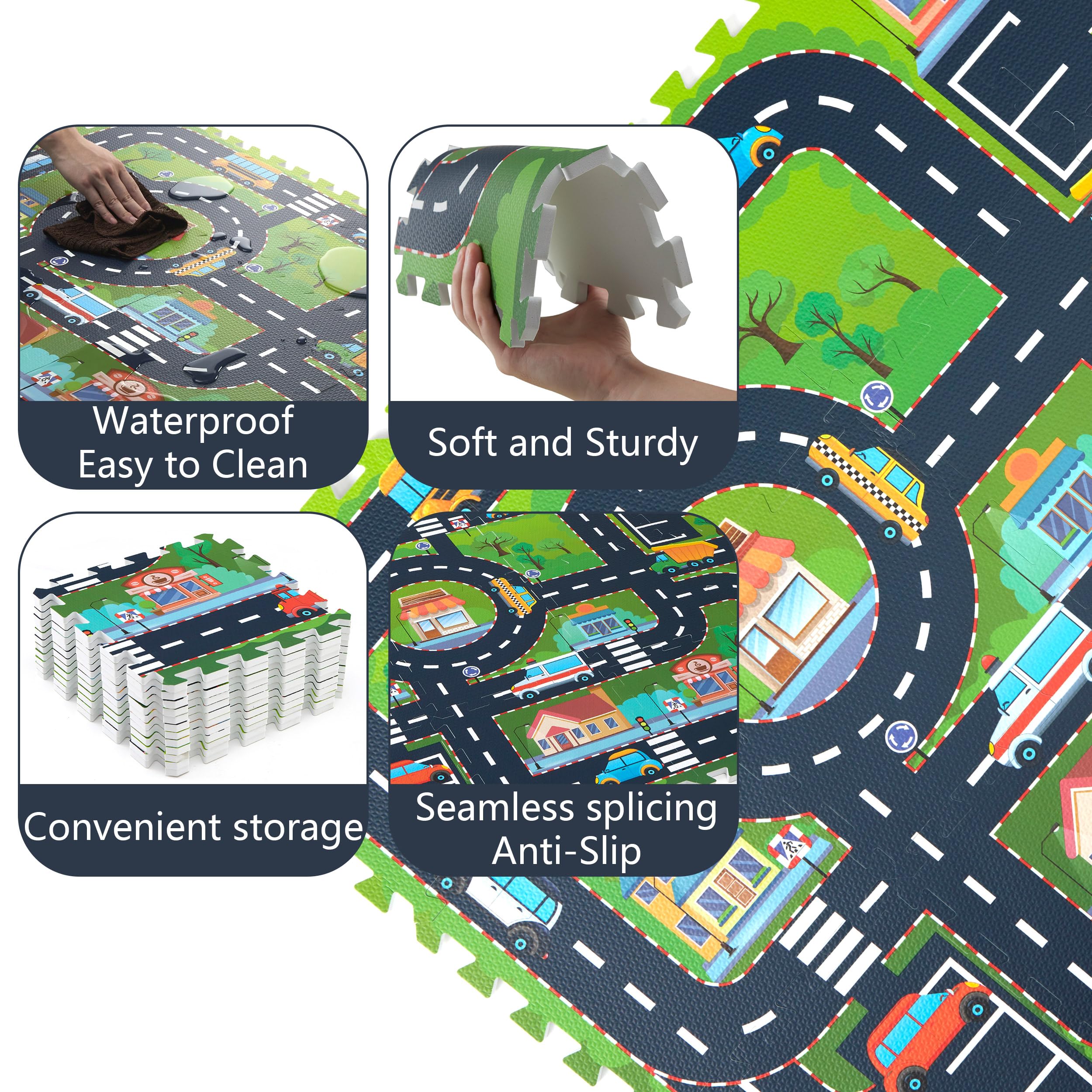 Foam Play Mat for Baby, Interlocking Foam Tiles, City Road Track Puzzle Mat 12 Pieces