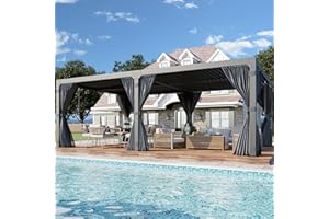 YOLENY Louvered Pergola 12x20, All Aluminum Pergola with Adjustable Rainproof Roof, Outdoor Pergola with Curtains and Nets for Patio & Garden, Dark Grey