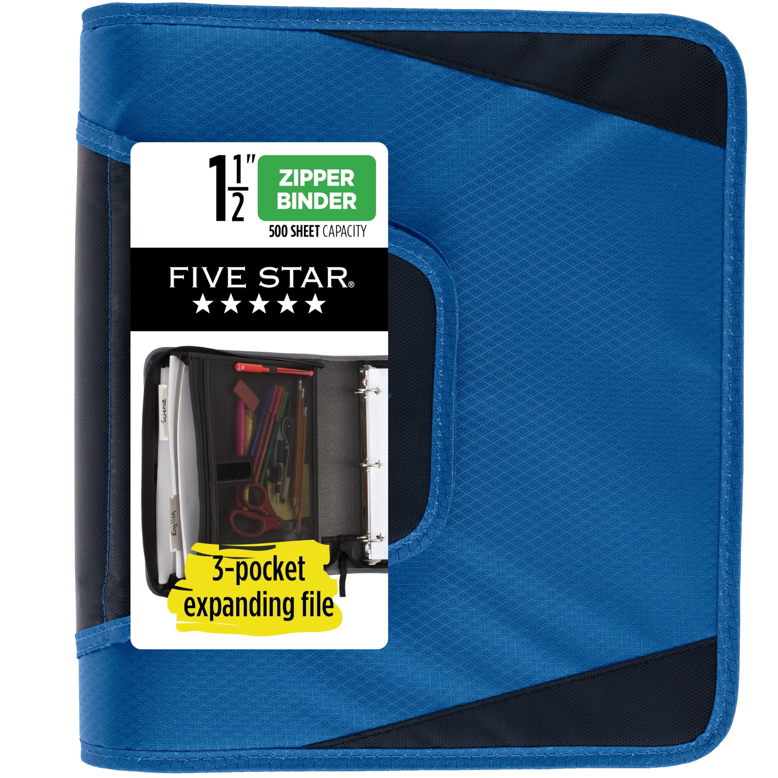 Photo 1 of Five Star Zipper Binder, 1-1/2 Inch 3-Ring Binder with Round Rings, 3-Pocket Expanding File, 500 Sheet Capacity, Blue (72202)