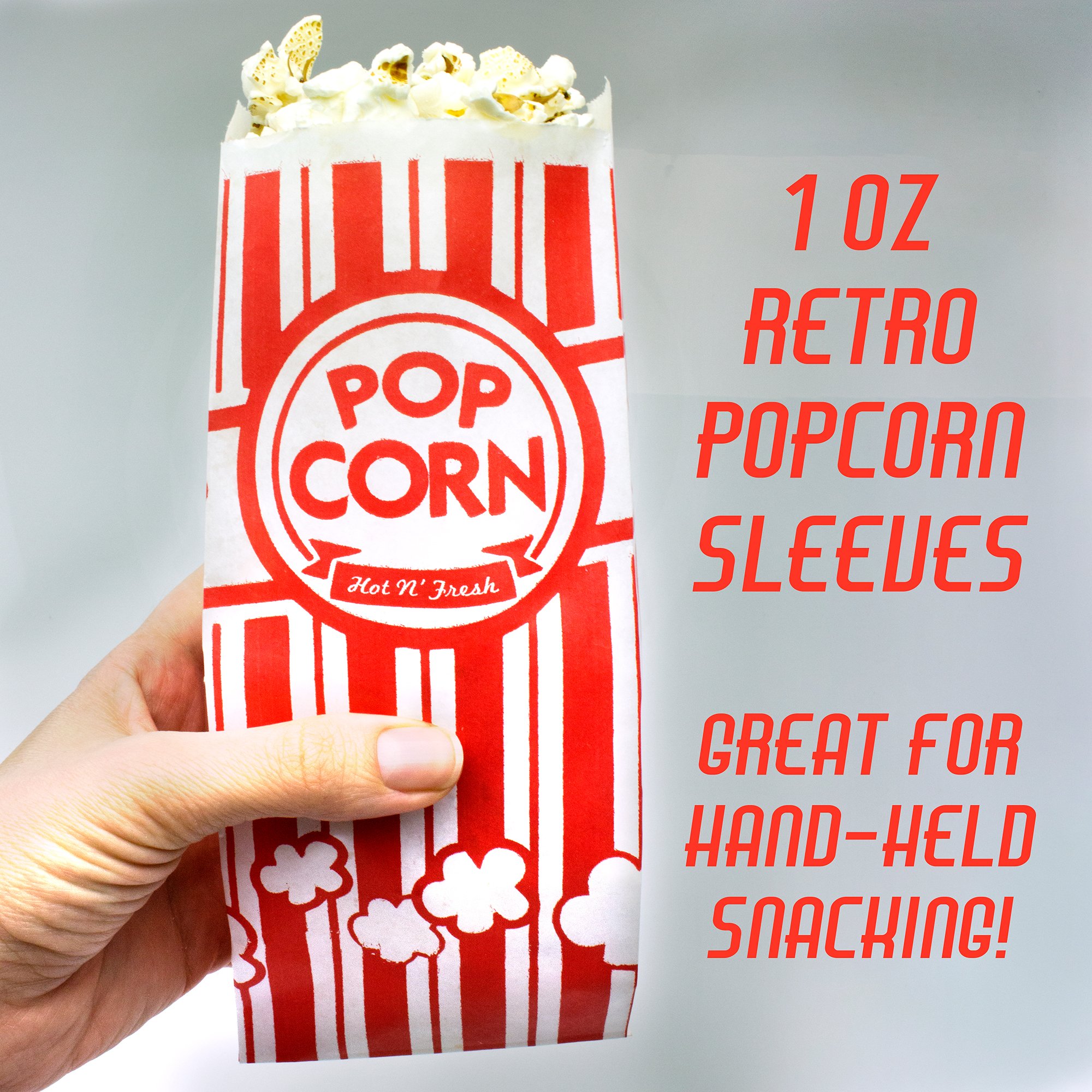 Popcorn Bags Coated for Leak/Tear Resistance. Single Serving 1oz Paper Sleeves in Nostalgic Red/White Design. Great Movie Theme Party Supplies or for Old Fashioned Carnivals & Fundraisers! (200)