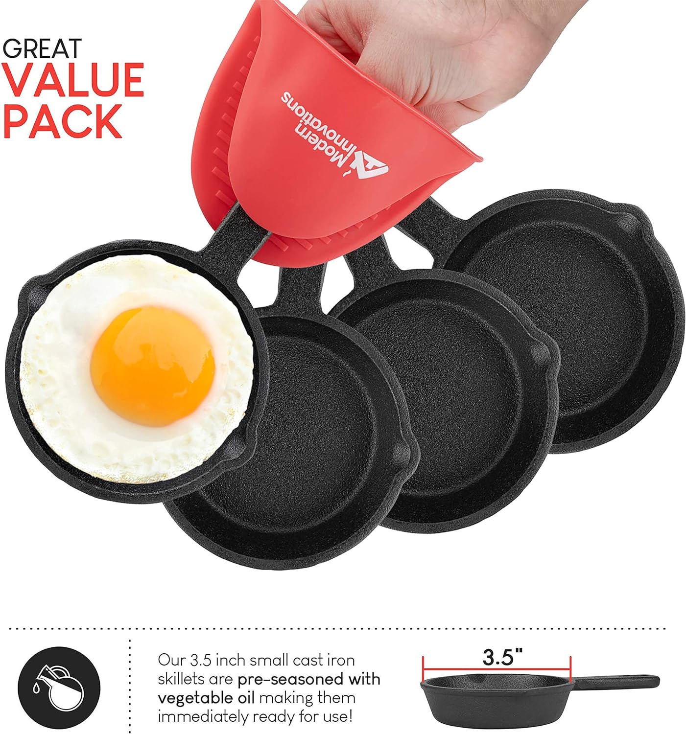 Modern Innovations Mini Cast Iron Skillet with Silicone Mitt (4 Count) - 3.5 Inch Mini Cast Iron Skillet - Pre Seasoned Small Cast Iron Skillet Set - Mini Cast Iron Skillets for Baked Cookie/Brownie: Kitchen & Dining