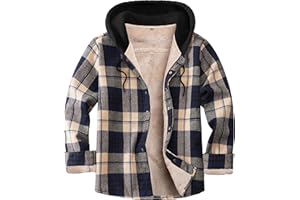 IVUMA Men's Cotton Plaid Long Sleeve Shirts Jacket Fleece Lined Flannel Shirts Sherpa Button Down Coat with Hood