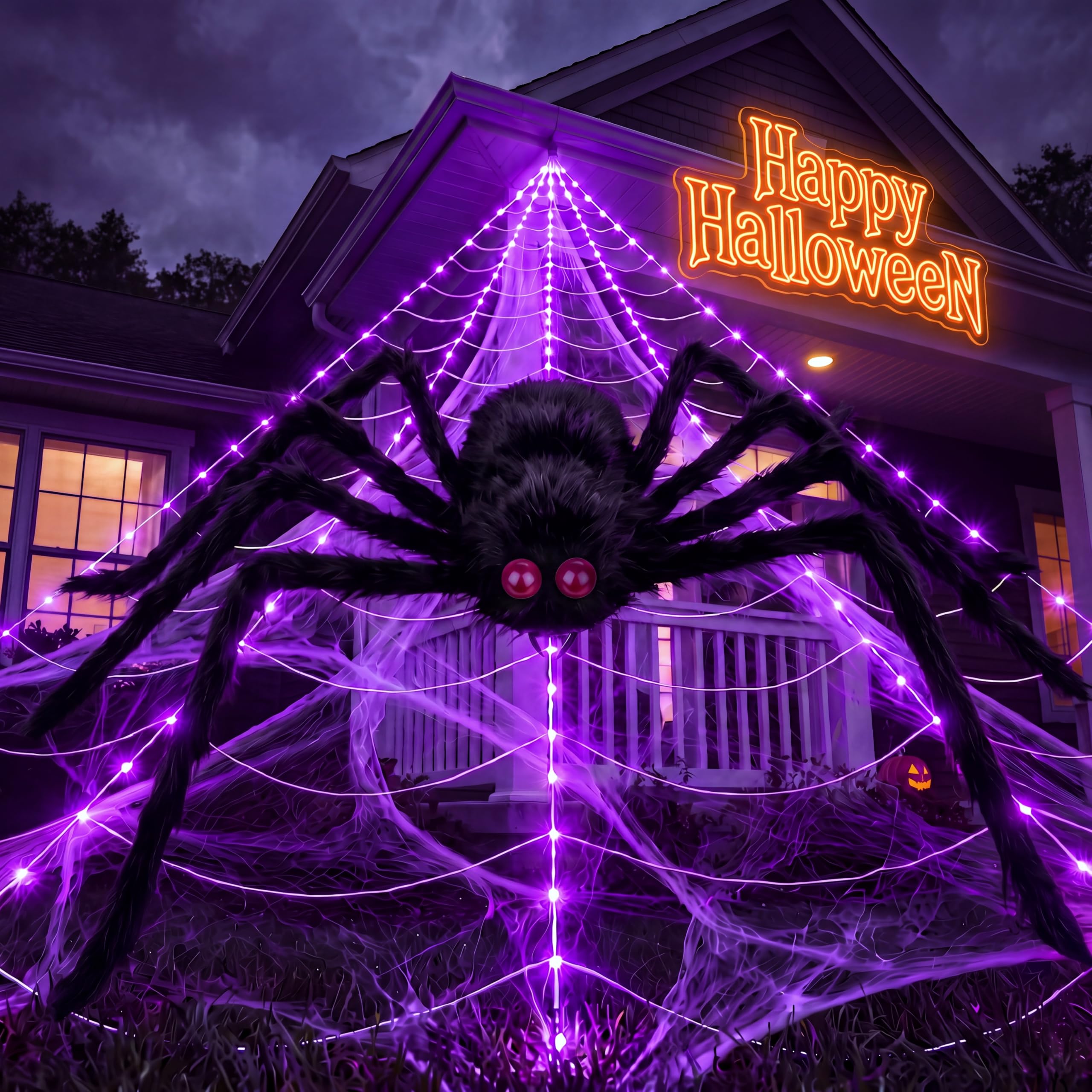 Halloween Decorations Spider Web Lights, 255 LED 16.4Ft Light Up Spider Web, Scary Lighted Outdoor Halloween Decoration for Y