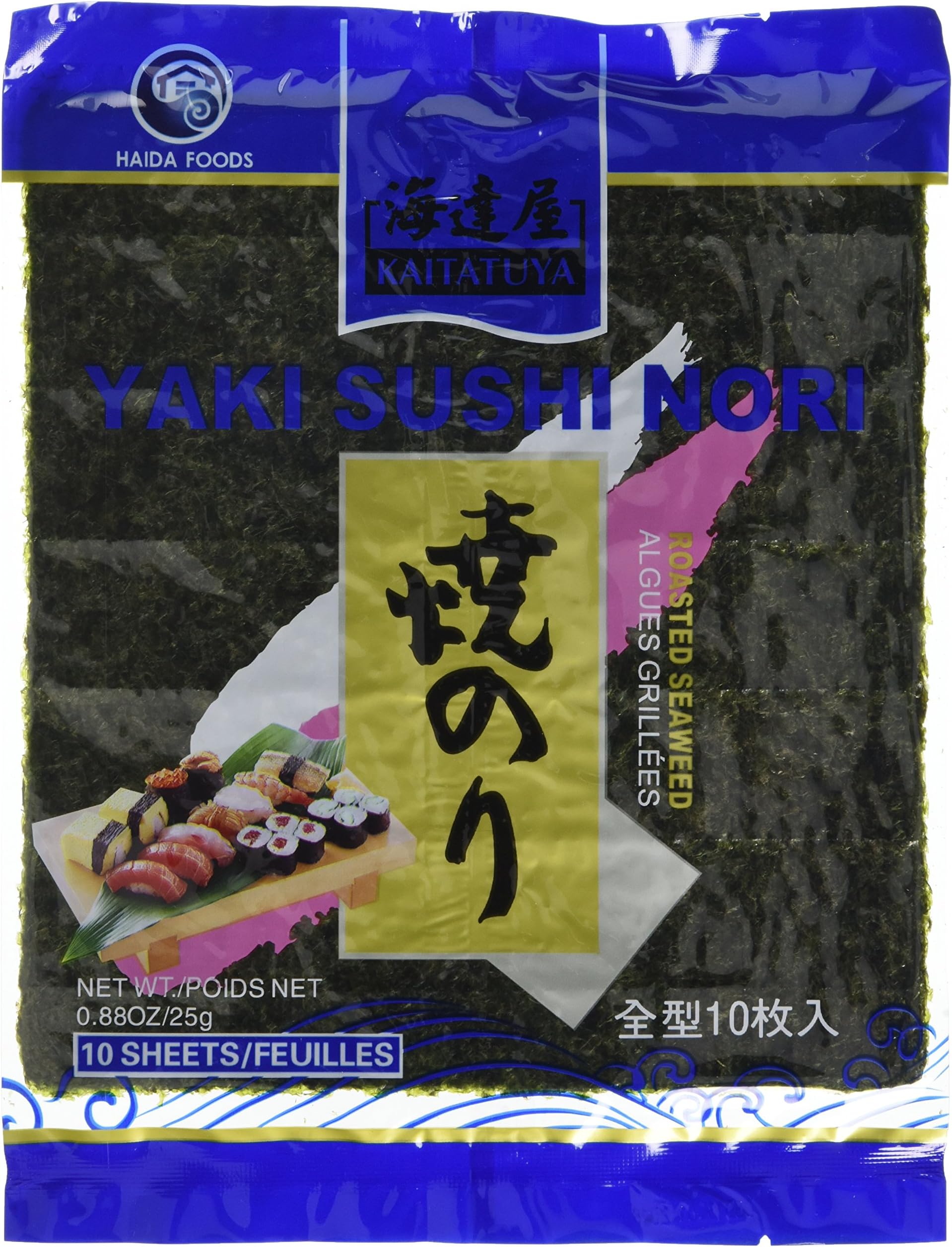 Kaitatuya Yaki nori Full Size Roasted Seaweed for Sushi and Miso soup 25 g - Blue (Pack of 10, 10 Sheets Each)