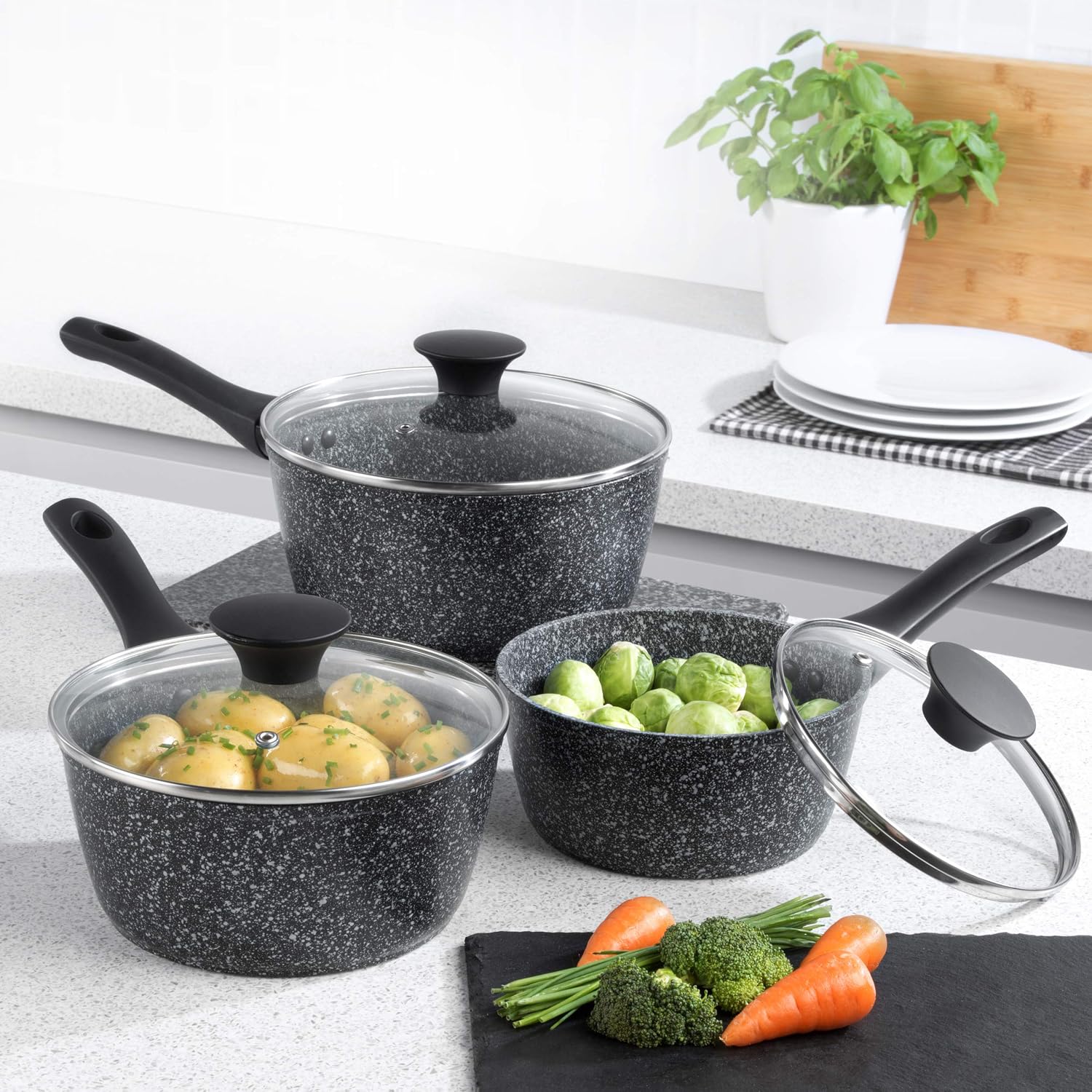 Salter Megastone 3-Piece Pan Set, Non-Stick Cooking Pots, Induction Hob Suitable, 16/18/20 cm Saucepans - Image 4