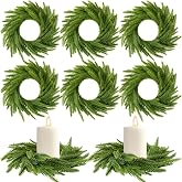 Dingion 6 Pcs Christmas Norfolk Pine Candle Ring Wreaths 6 Inch | Small Christmas Wreath Garland, Green Pine Ornaments, Xmas Table Centerpiece for Wedding Farmhouse Home Cabinets Window Decor