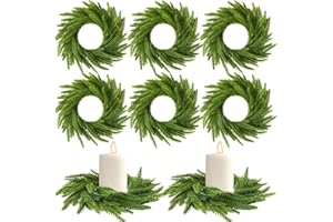 Dingion 6 Pcs Christmas Norfolk Pine Candle Ring Wreaths 6 Inch Small Christmas Wreath Garland Artificial Green Pine Ornaments Xmas Table Centerpiece for Wedding Farmhouse Home Cabinets Window Decor