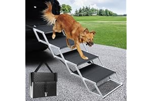 DGSL Dog Ramp for Car, 4-Step Folding Dog Stairs, Aluminum, Black, Supports Up to 250 Lbs