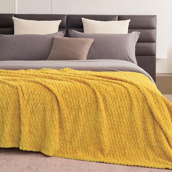 KORBLISS SUPER SOFT FLEECE TWIN BLANKET 50X70 INCHES FOR COUCH, PREMIUM SILKY WITH 3D IMITATION TURTLE SHELL JACQUARD DECORATIVE BLANKETS, LIGHTWEIGHT AND COZY FOR SOFA.YELLOW