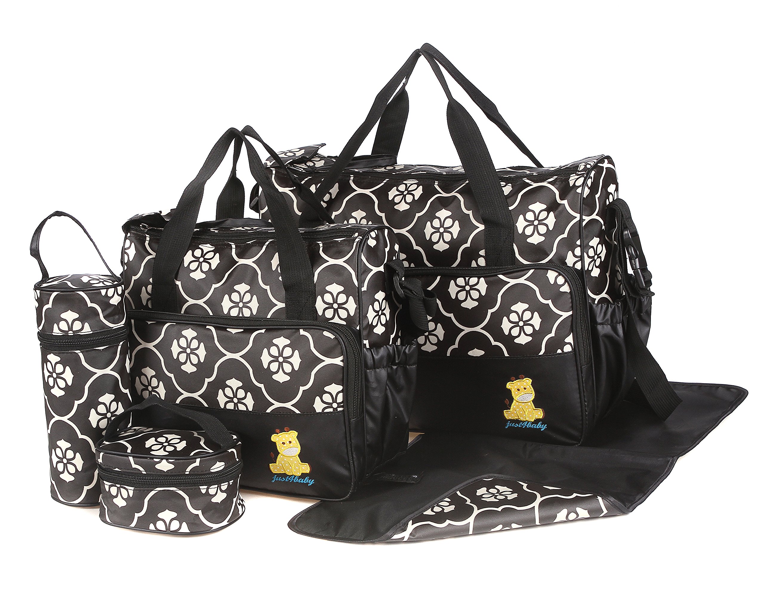 just4baby Laminated Water Proof Insulated Thermal 5pcs Baby Nappy Changing Hospital Bag (Black/White Flower)