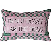 Creative Co-Op Cotton Velvet Embroidered Lumbar Pillow with Check Pattern I'm Not Bossy..., Pink and Green