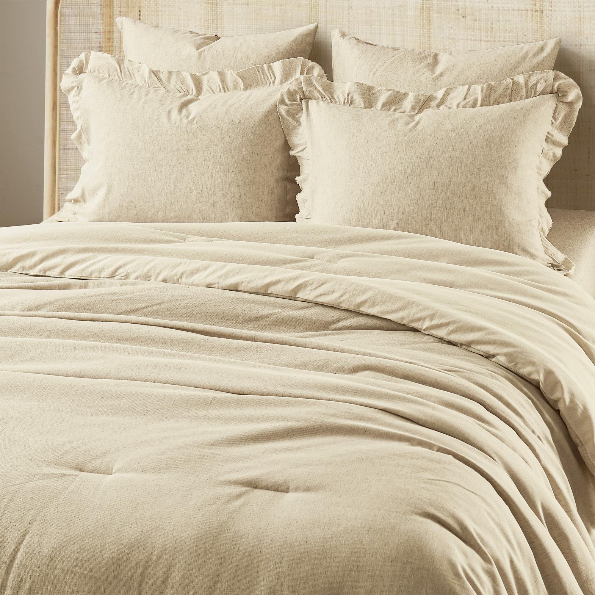 Photo 1 of Wonderful Natural Linen Comforter Set Queen Size Ruffle Cotton Linen Bedding Natural Flax Texture, 3 Piece Raw Edge Cotton Blend Flax Lightweight Comforter with Shams for All Season
