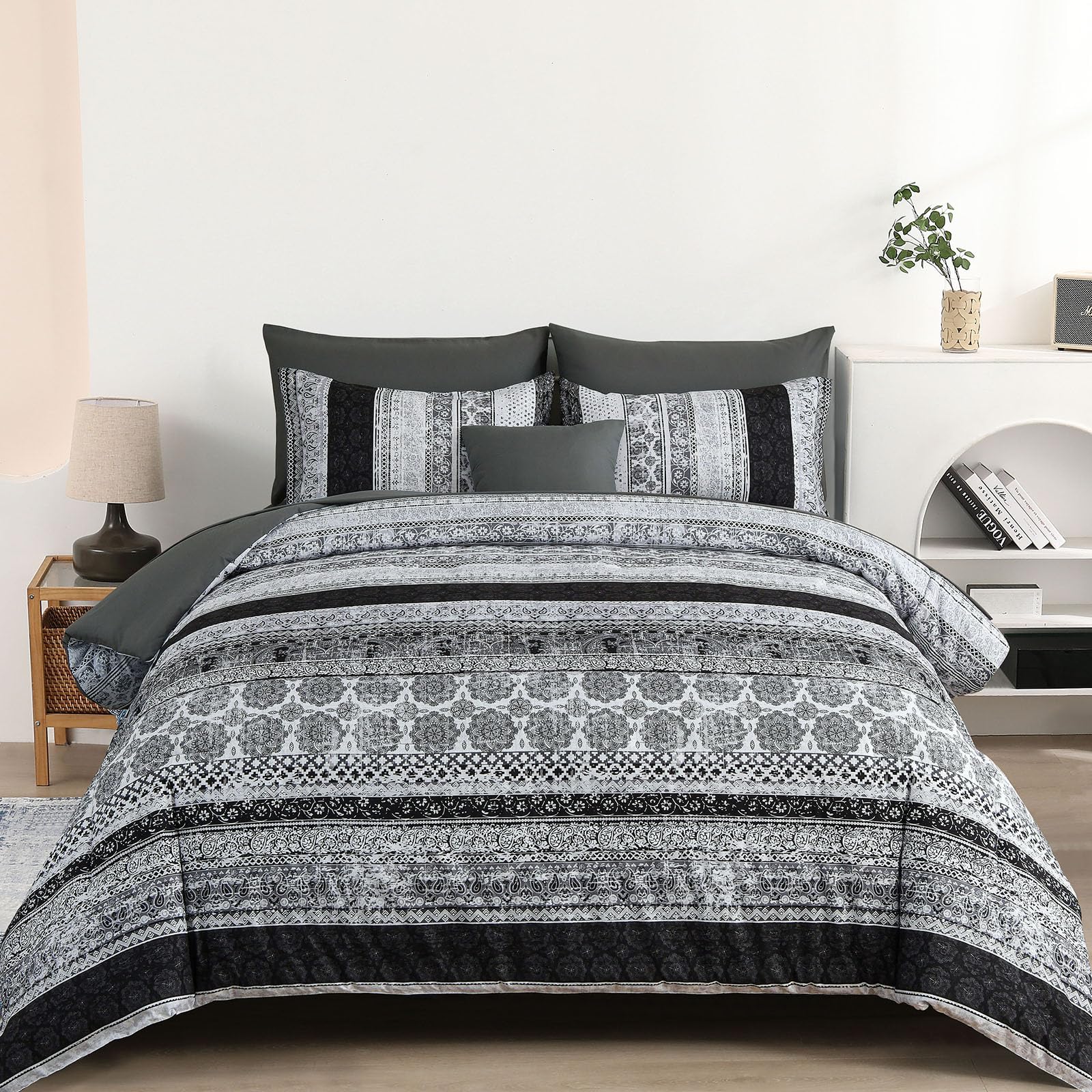 Photo 1 of Cottolester Boho King Size Comforter Set 8 Pieces,Gray Bohemian Striped Bed in a Bag,Floral Soft Microfiber Bedding Comforter Set