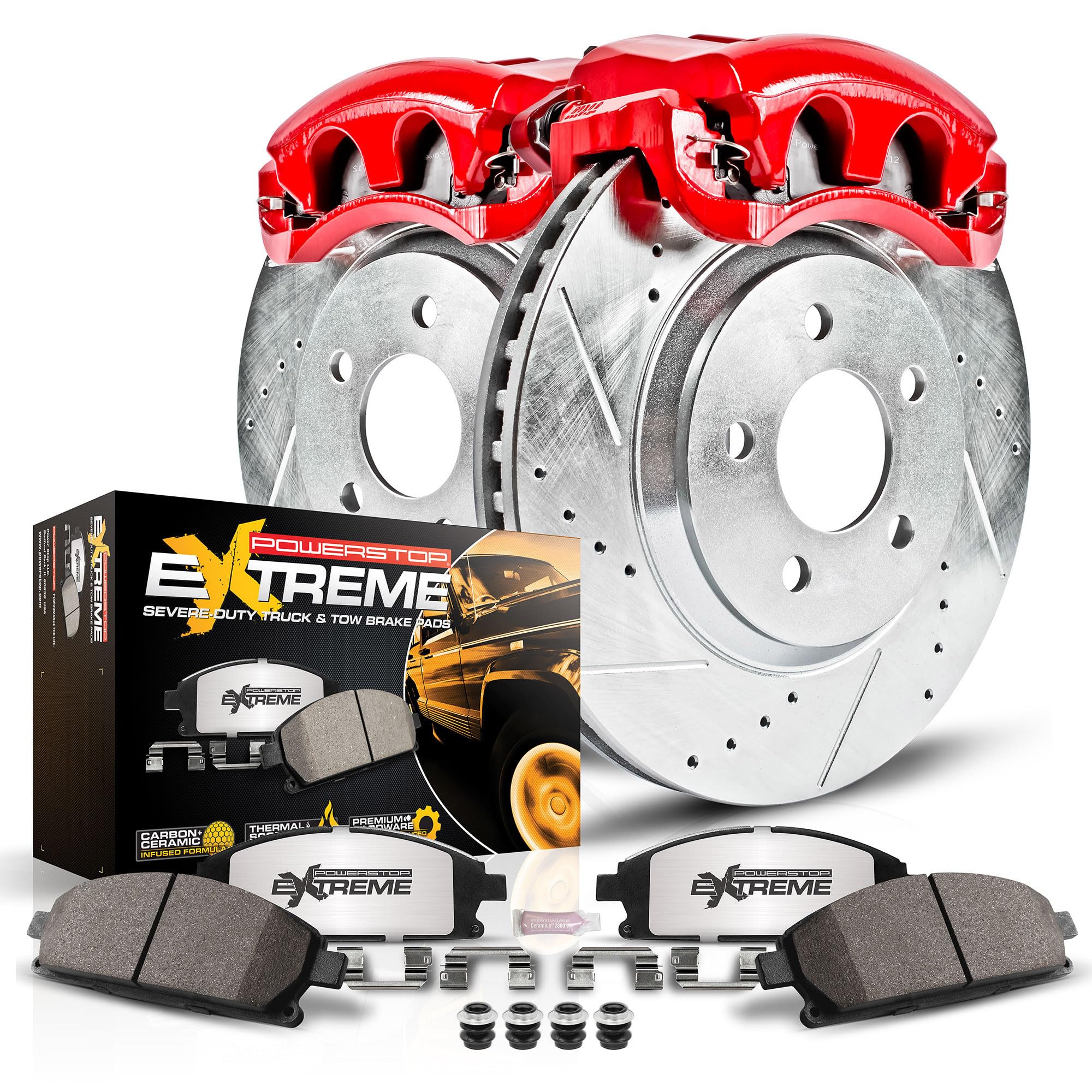 Photo 1 of PowerStop Rear Brake & Caliper Kit For Ford Excursion 2000-05 |F-250 Super Duty 2000-04 - Drilled and Slotted Truck & Tow Disc Rotors with Ceramic Brake Pads Upgrade, KC1890A-36