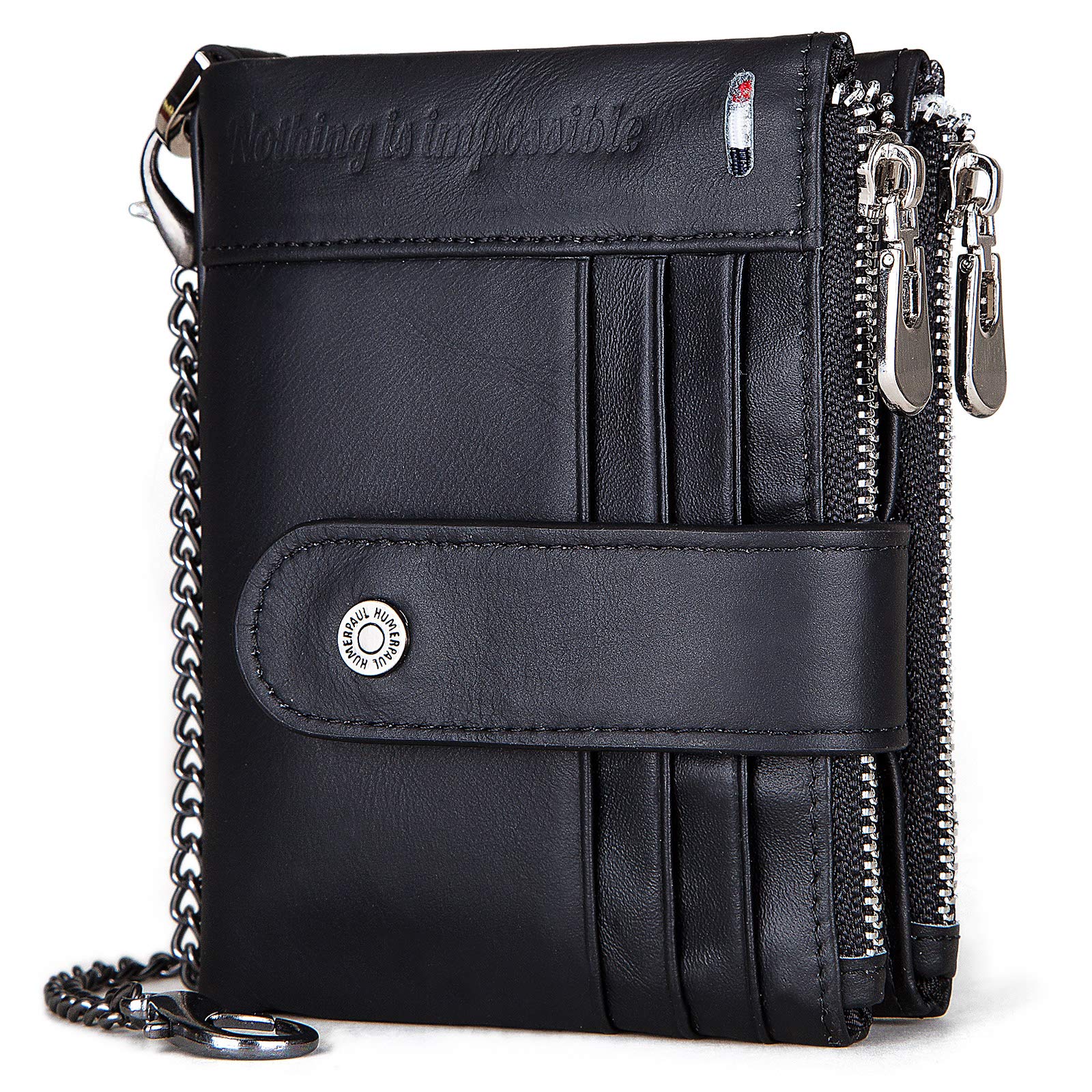 Humerpaul Men's Genuine Leather Wallet with RFID Blocking, Bifold Design, Credit Card Holder, Zipper Coin Pocket, Black