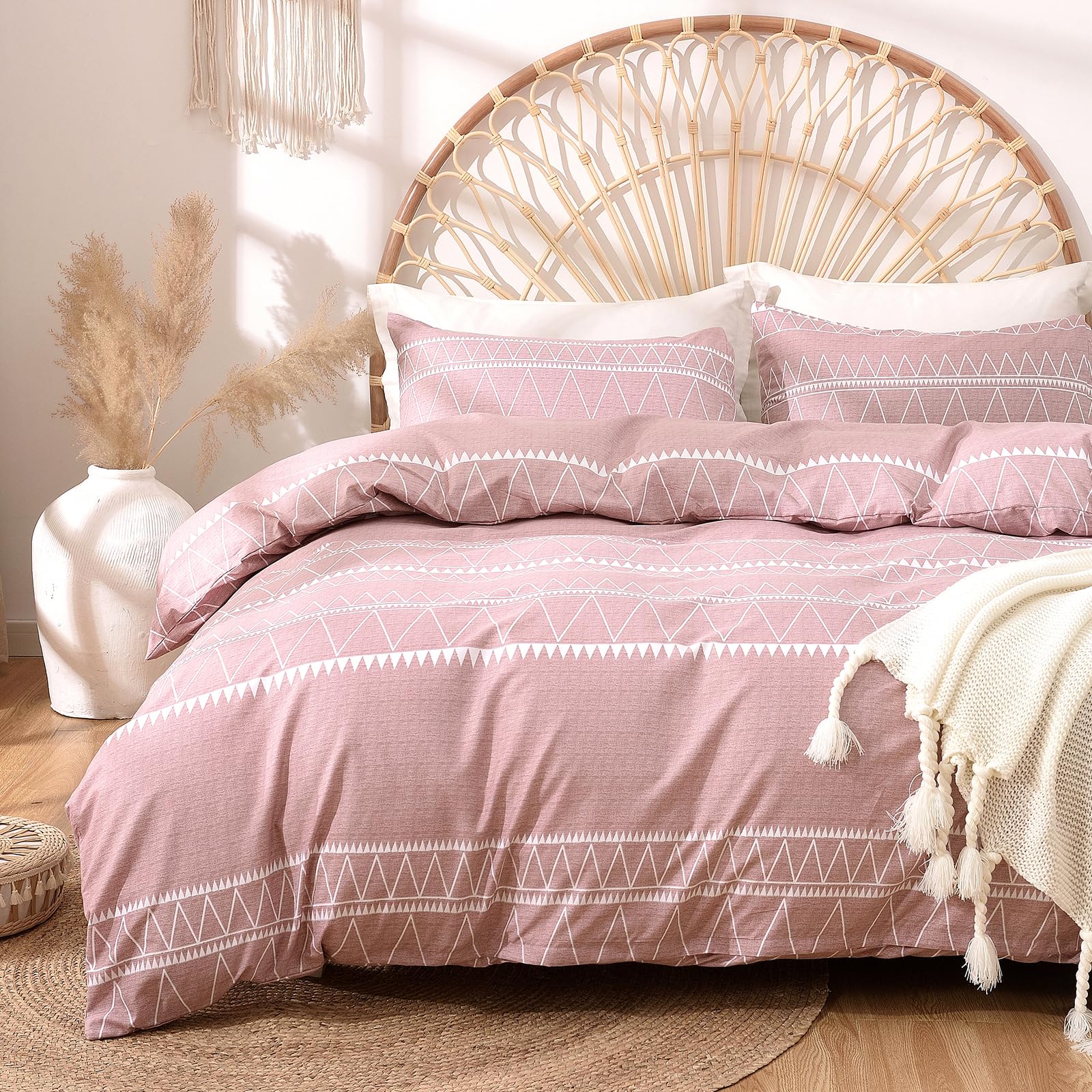 Lekesky Pink Super King Duvet Set 3-Piece Bedding Set, Boho Stripe Print Super King Size Duvet Cover Sets (1x Quilt Cover, 2x Pillowcases) Ultra-Soft Microfibre Pink Bedding 260x220 cm