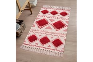 Chicrug Red Runner Rug for Bedroom Bedside, 2'x3' Geometric Farmhouse Tufted Woven Tassel Rug, Washable Doormat Hallway Runner Carpet for Bathroom Laundry Kitchen Room Decor, Red/Cream