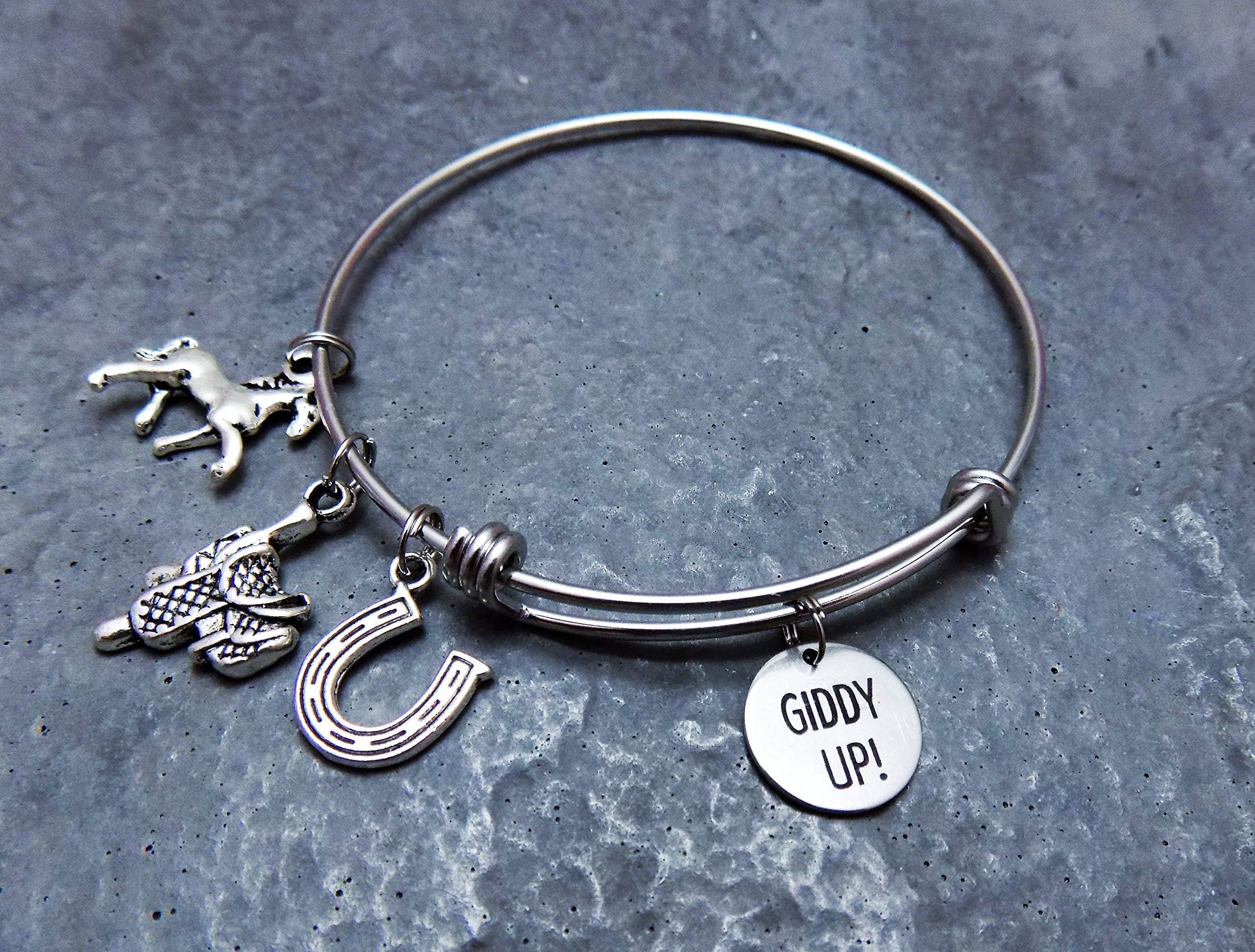 Giddy Up Horseback Riding Charm Bracelet Stainless Steel Expandable Bangle Horse Saddle Horseshoe