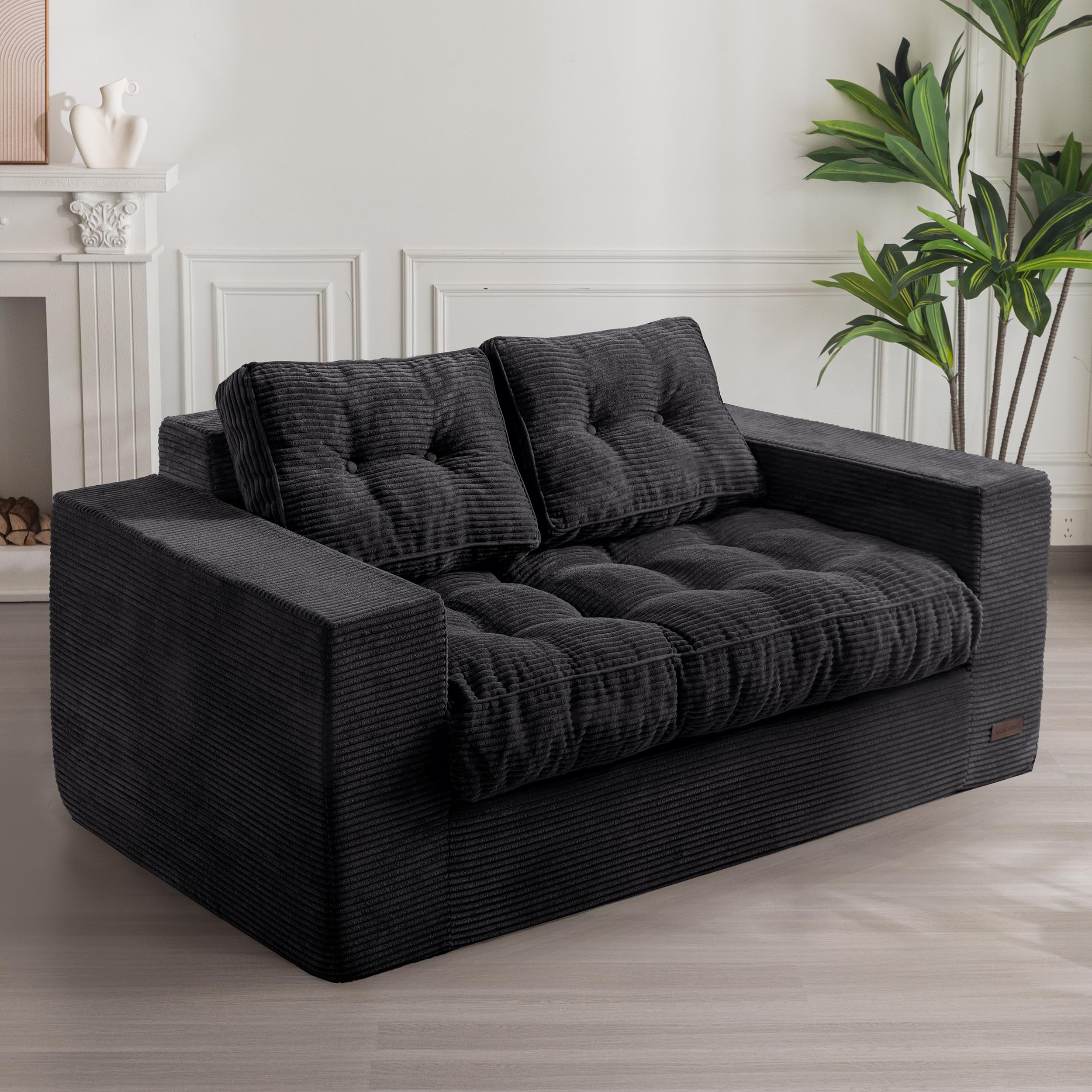 Photo 1 of **DIRT**MAXYOYO Bean Bag Chair for Adults, Upholstered Floor Sofa with Armrests, Loveseat Boneless Couch with Tufted Cushion & Backrest, Sofa in A Box, Large Bean Bag Couch for Bedroom Living Room, Black