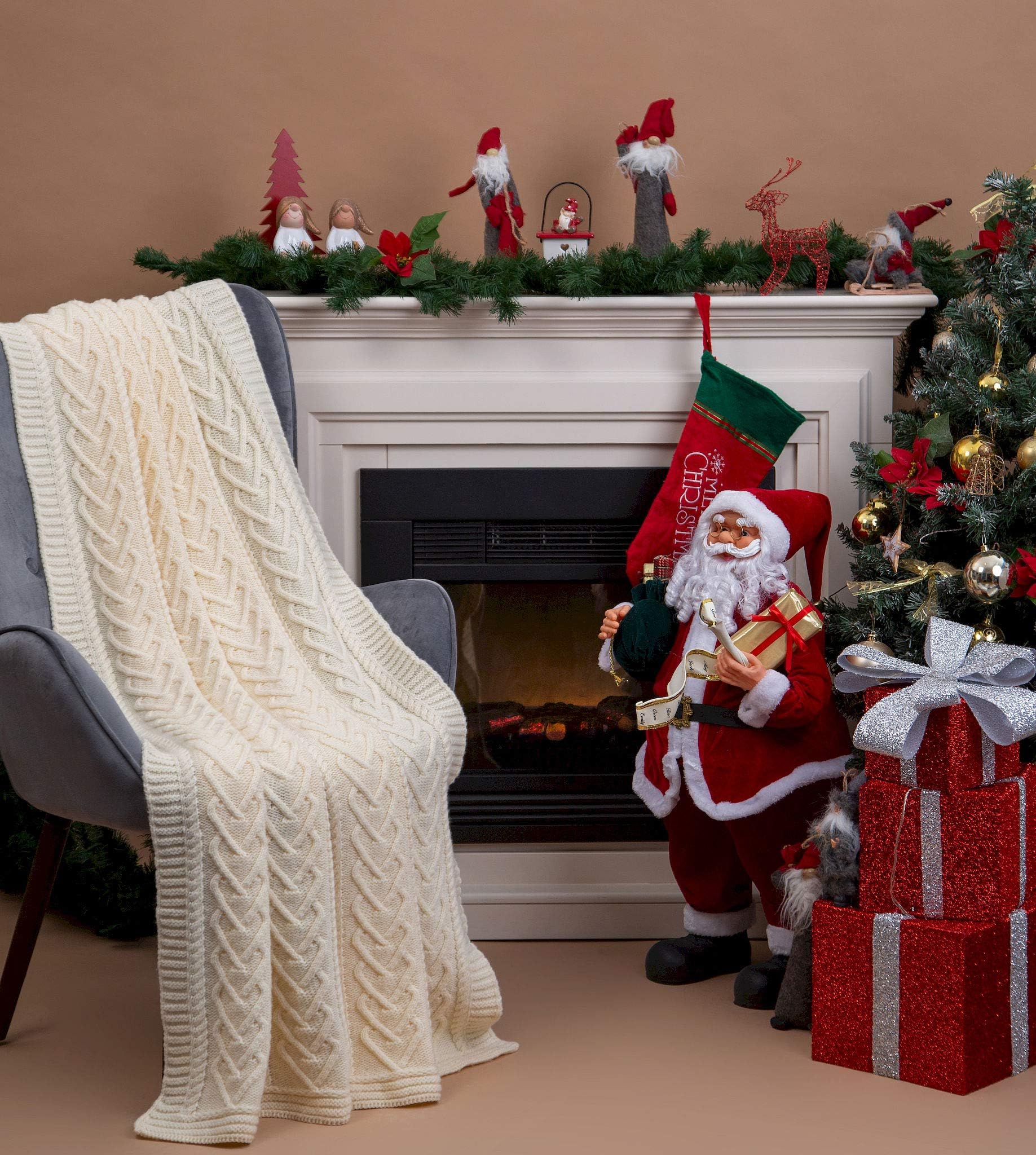 SAOL Irish Aran Throw Blanket Heart Pattern 100% Super Soft Merino Wool 67x49 inches