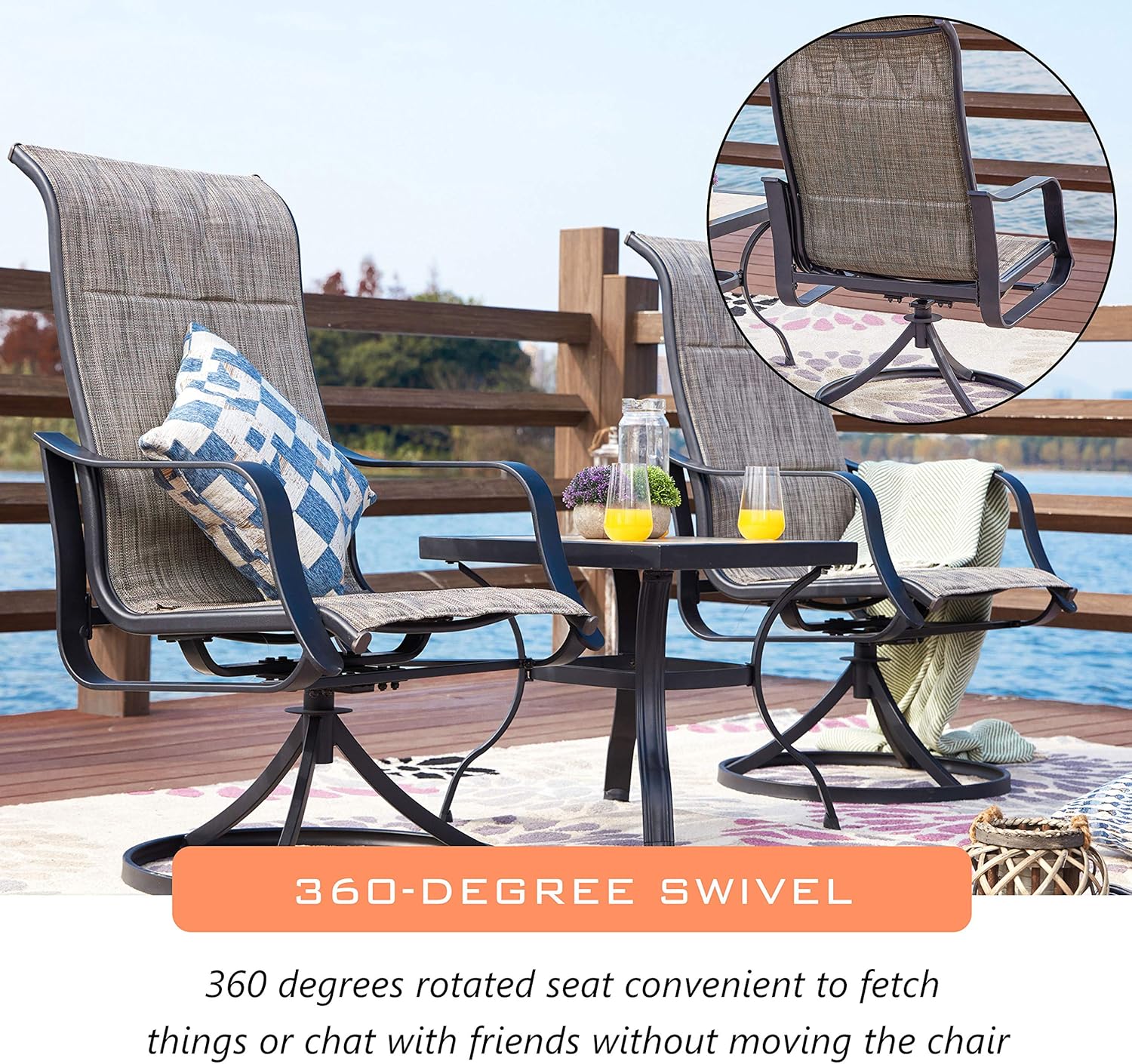 LOKATSE HOME 3 Piece Patio Rocking Set with 2 Outdoor Swivel Chairs and 21" Square Dining Table, Grey : Garden & Outdoor
