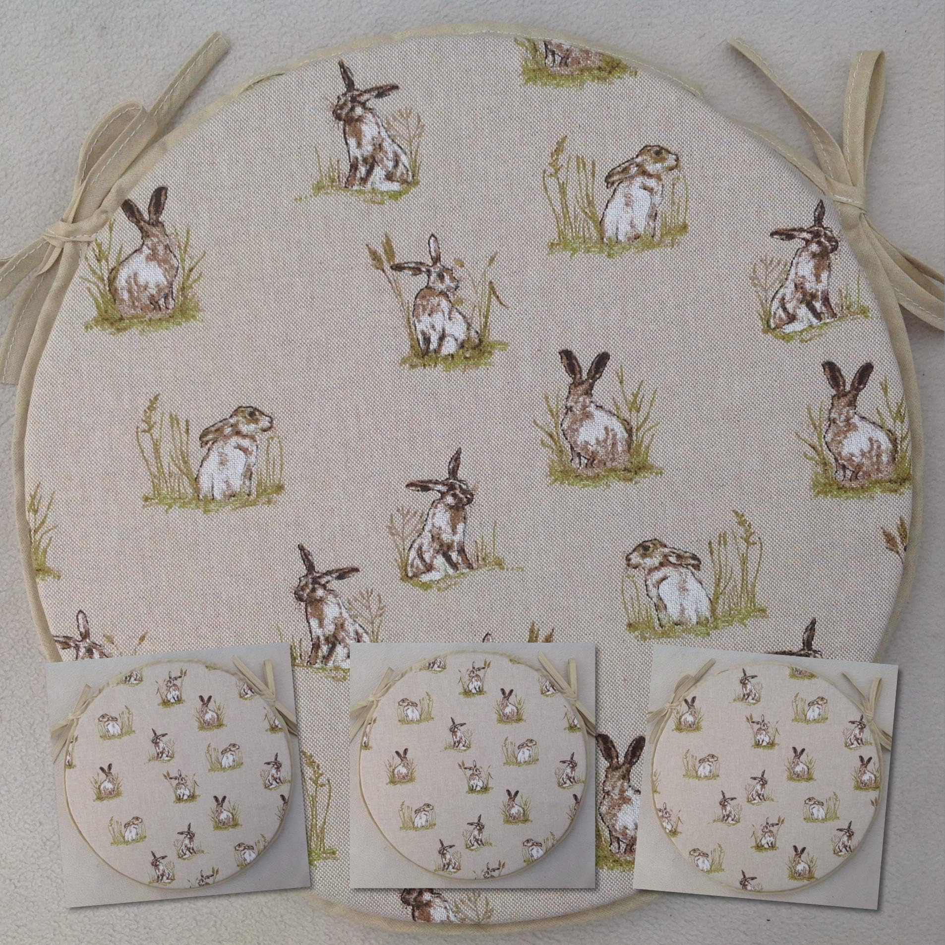 SET OF 4 COUNTRY HARES PRINT ROUND CHAIR SEAT PADS (For Round Bistro Style Seats Approx.14" Across)