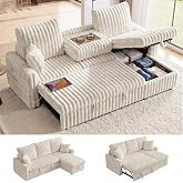 KCGKCG 81" Sectional Sleeper Sofa Bed with Storage Chaise &amp; USB Charging, Plush Corduroy L-Shaped Pull Out Couch Bed, Modular Sectional Sofa Couches for Living Room Bedroom, Beige