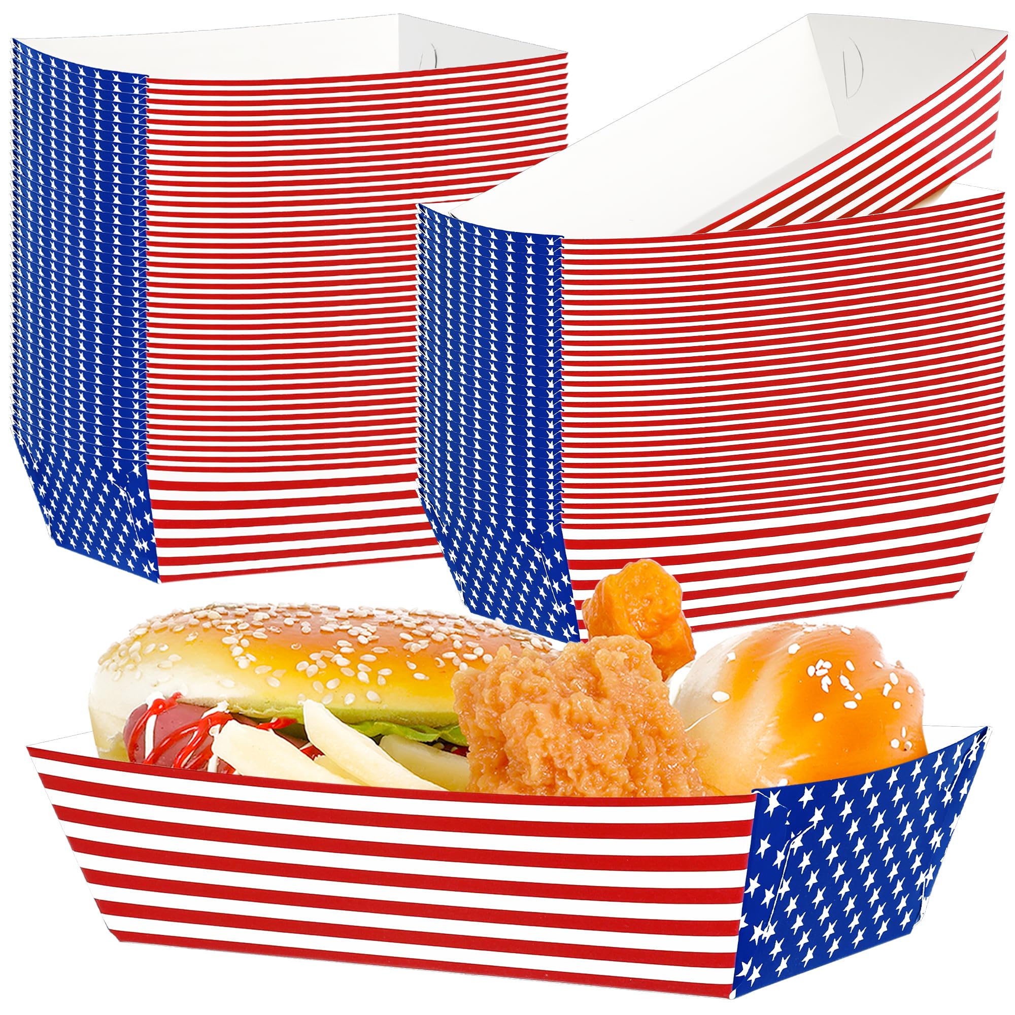 Photo 1 of 100 PCS Independence Day Paper Food Tray, Disposable Assembled Fourth of July Party Supplies, Red Blue White Stars Stripes Food Boats 4th of July American Flag Tray for Memorial Veteran Day