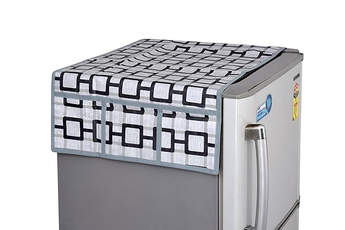 Yellow Weaves Checkered Designer Fridge Top Cover - Grey