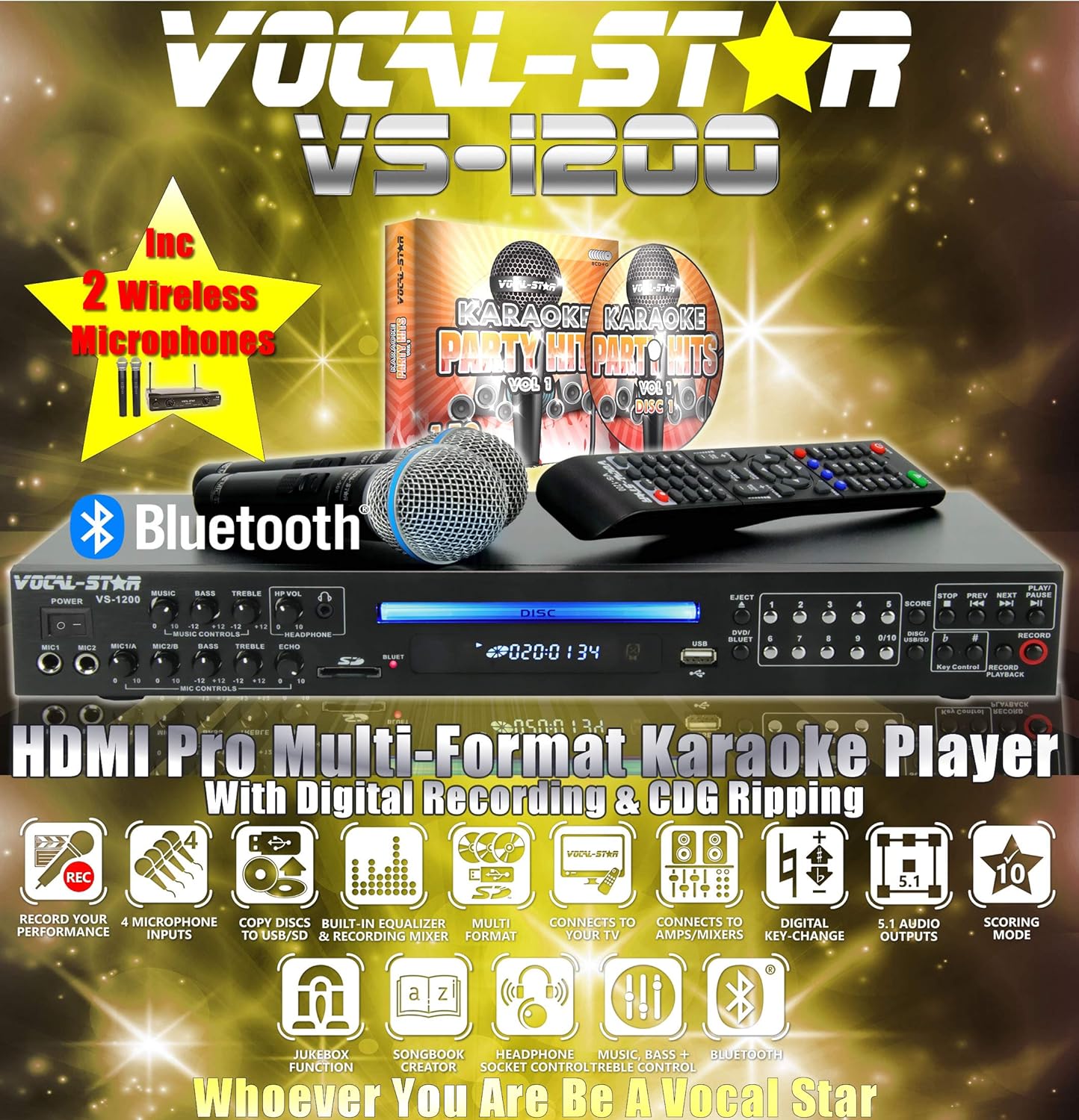 VocalStar VS=1200 HDMI Karaoke Machine With Bluetooth, Including 2
